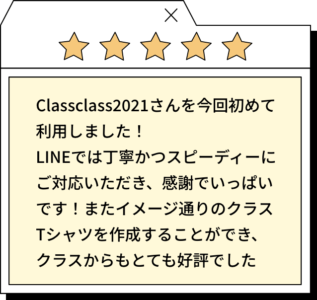Classclass2021さんを今回初めて利用しました！LINEでは丁寧かつスピーディーにご対応いただき、感謝でいっぱいです！またイメージ通りのクラスTシャツを作成することができ、クラスからもとても好評でした